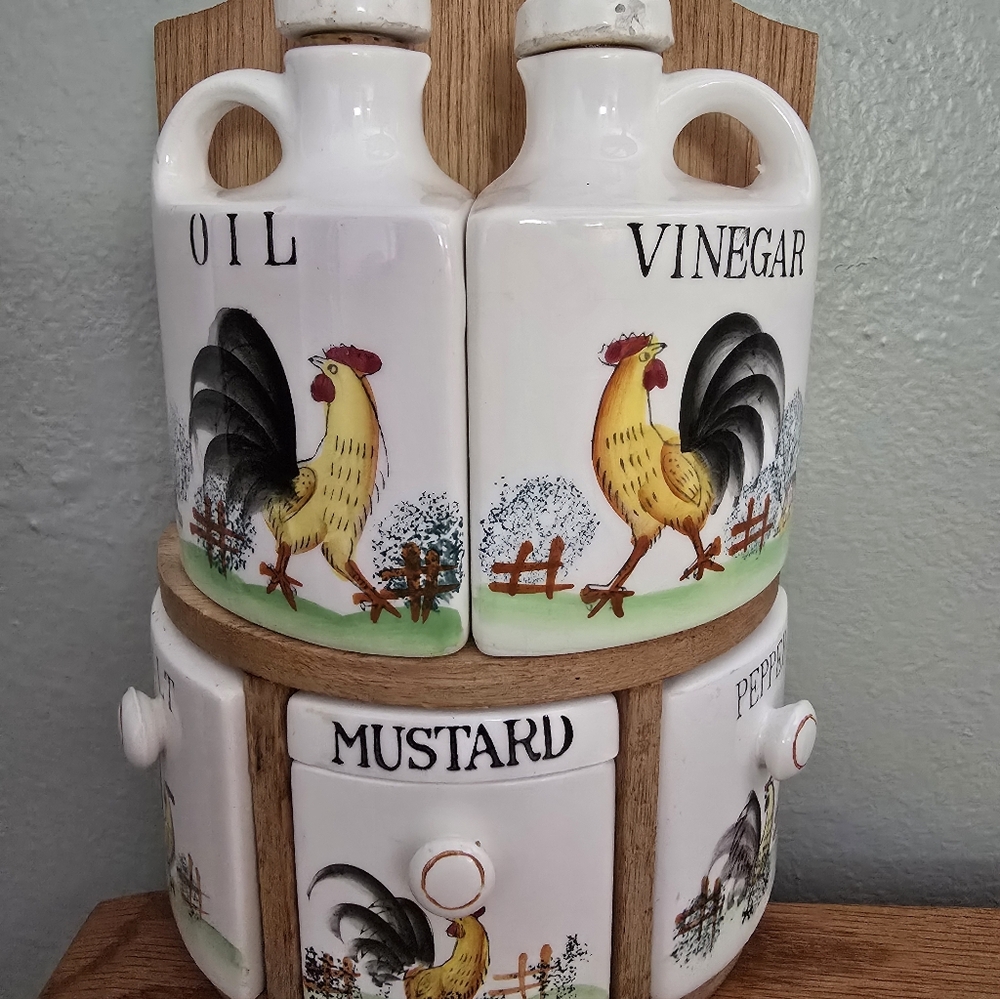 Rooster Design Oil and Vinegar Set with Mustard and Pepper Containers RELCO